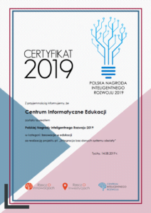 Certyfikat 2019 Polskiej Nagrody Inteligentnego Rozwoju 2019