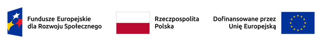 Trzy logotypy obok siebie - Fundusze Europejskie dla Rozwoju Społecznego, flaga Polski i napis Rzeczpospolita Polska oraz flaga Unii Europejskiej i napis Dofinansowane przez Unię Europejską